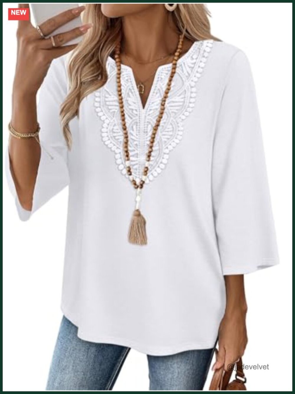Womens 3/4 Sleeve Boho Lace V Neck Blouse Tunic Top Dressy Casual